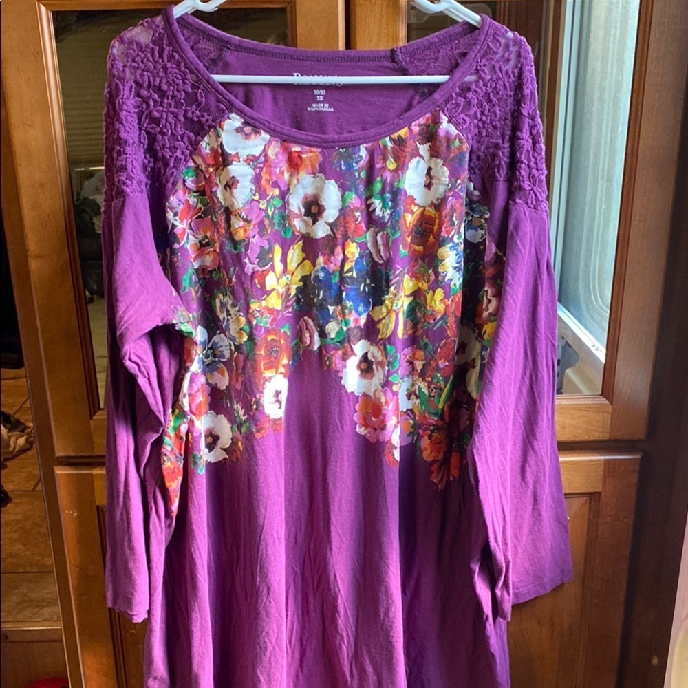 Roaman's Purple 3X Floral Tunic 3/4 Sleeve Relaxed Fit Hippie Boho Whimsical